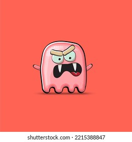 Funny cute smiling pink ghost monster isolated on pink background. Hand drawn cartoon pink ghost character with eyes and mouth , cute emoji. Funky Halloween spirit element.