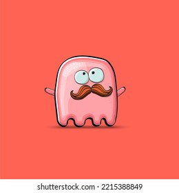 Funny cute smiling pink ghost monster isolated on pink background. Hand drawn cartoon pink ghost character with eyes and mouth , cute emoji. Funky Halloween spirit element.