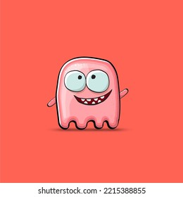 Funny cute smiling pink ghost monster isolated on pink background. Hand drawn cartoon pink ghost character with eyes and mouth , cute emoji. Funky Halloween spirit element.