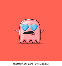 Funny cute smiling pink ghost monster isolated on pink background. Hand drawn cartoon pink ghost character with eyes and mouth , cute emoji. Funky Halloween spirit element.