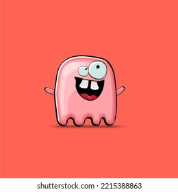 Funny cute smiling pink ghost monster isolated on pink background. Hand drawn cartoon pink ghost character with eyes and mouth , cute emoji. Funky Halloween spirit element.