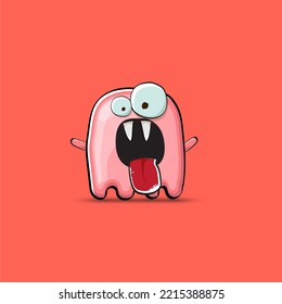 Funny cute smiling pink ghost monster isolated on pink background. Hand drawn cartoon pink ghost character with eyes and mouth , cute emoji. Funky Halloween spirit element.