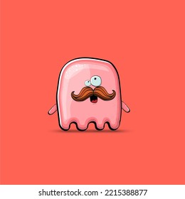 Funny cute smiling pink ghost monster isolated on pink background. Hand drawn cartoon pink ghost character with eyes and mouth , cute emoji. Funky Halloween spirit element.