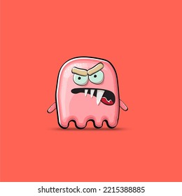 Funny cute smiling pink ghost monster isolated on pink background. Hand drawn cartoon pink ghost character with eyes and mouth , cute emoji. Funky Halloween spirit element.