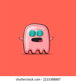 Funny cute smiling pink ghost monster isolated on pink background. Hand drawn cartoon pink ghost character with eyes and mouth , cute emoji. Funky Halloween spirit element.