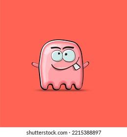 Funny cute smiling pink ghost monster isolated on pink background. Hand drawn cartoon pink ghost character with eyes and mouth , cute emoji. Funky Halloween spirit element.