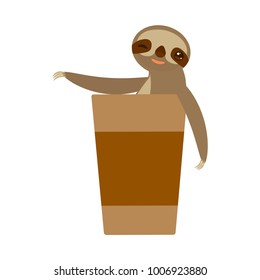 funny and cute smiling Three-toed sloth with a cup of coffee on white background. Vector