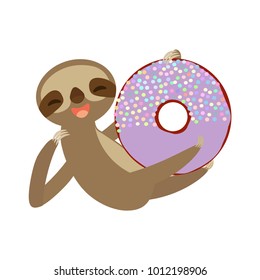 funny and cute smiling Three-toed sloth with donut with purple icing and sprinkles on white background. Vector