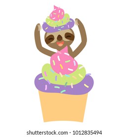 funny and cute smiling Three-toed sloth with cupcake with pink green lilac cream and sprinkles on white background. Vector