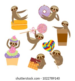 funny and cute smiling Three-toed sloth collection with pink cake pops, donut, lollipop, coffee, waffle, macaroon on white background. Vector