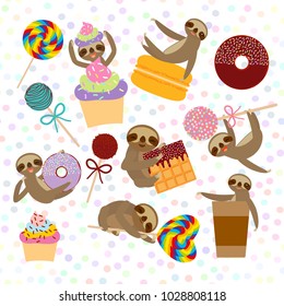 funny and cute smiling Three-toed sloth collection with pink cake pops, donut, lollipop, coffee, waffle, macaroon, sprinkles on white background. Vector