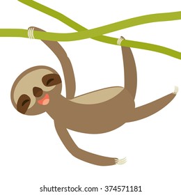 funny and cute smiling Three-toed sloth on green branch, isolated white background. Vector