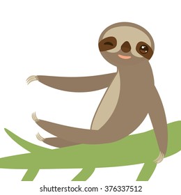 funny and cute smiling Three-toed sloth on green branch, isolated white background. Vector