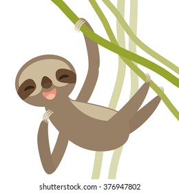 funny and cute smiling Three-toed sloth on green branch, isolated white background. Vector