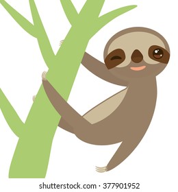 funny and cute smiling Three-toed sloth on green branch, isolated white background. Vector