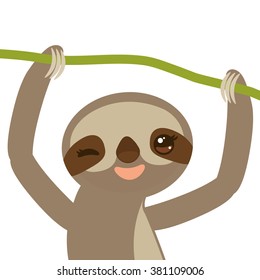 funny and cute smiling Three-toed sloth on green branch, isolated white background. Vector