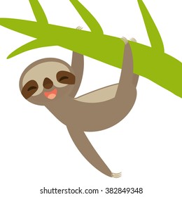 funny and cute smiling Three-toed sloth on green branch, isolated white background. Vector