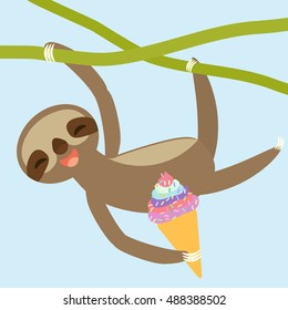 funny and cute smiling Three-toed sloth on green branch with ice cream in waffle cone, blue background. Vector