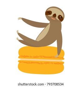 funny and cute smiling Three-toed sloth with macaroon on white background. Vector