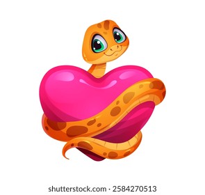 Funny cute snake with love heart. Cartoon vector valentines day reptile, serpent with large eyes and yellow spotted pattern wraps around huge pink heart, conveys warmth and passion for romantic event