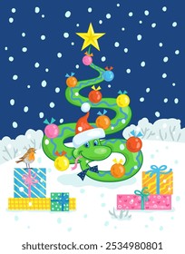 Funny cute snake in Santa hat with glass balls and gifts on winter meadow. In cartoon style. Winter landscape with snowflakes. Vector illustration. New Year card