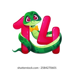 Funny cute snake with valentines day number 14. Isolated cartoon vector playful green snake wearing a bow tie wrapping around the glossy pink fourteen digit symbolizes love, affection, and celebration