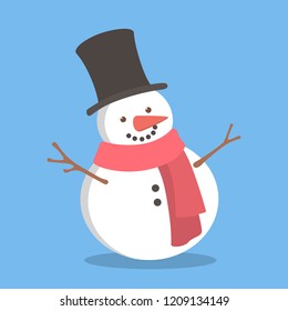 Funny cute snowman character in black hat and red scarf. Christmas and New Year celebration. Beautiful greeting card. Flat vector illustration