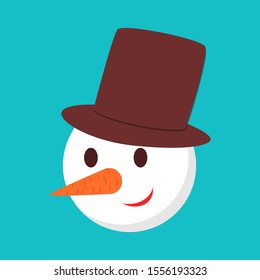 Funny cute snowman character in black hat. Christmas and New Year celebration. Beautiful greeting card decoration. Flat illustration