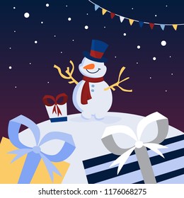 Funny cute snowman character in blue hat and red scarf with gifts around. Christmas and New Year celebration. Beautiful greeting card. Flat vector illustration