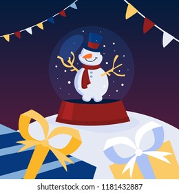 Funny cute snowman character in blue hat and red scarf snow globe. Christmas and New Year celebration. Beautiful greeting card. Flat vector illustration
