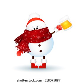 Funny, cute  snowman holding a beer isolated on white background. Vector cartoon  illustration. 