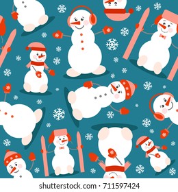 Funny cute snowman in a red winter coat and snowflakes on a blue background. Seamless pattern. Vector illustration. Good background for wrapping paper, textiles, greetings.