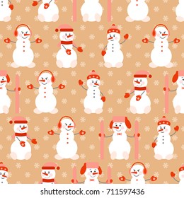 Funny cute snowman in a red winter coat and snowflakes. Seamless pattern. Vector illustration. Good background for wrapping paper, textiles, greetings.