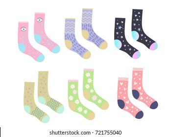 Funny cute socks set, isolated objects, cartoon flat design, vector illustration