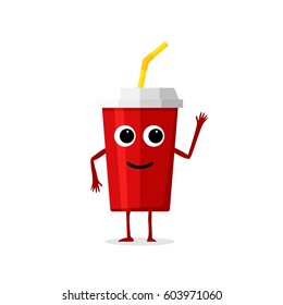 Funny and cute soda drink red paper cup character isolated on white background. Cola with smiling human face vector illustration.