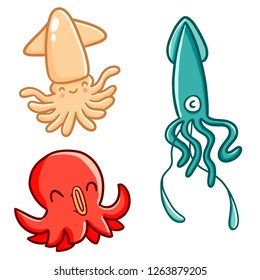 Funny and cute squid smiling set - vector.