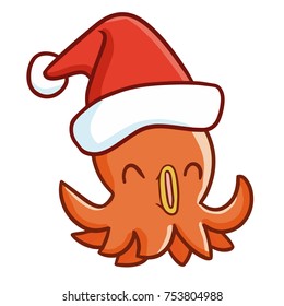 Funny and cute squid wearing Santa's hat and smiling - vector.