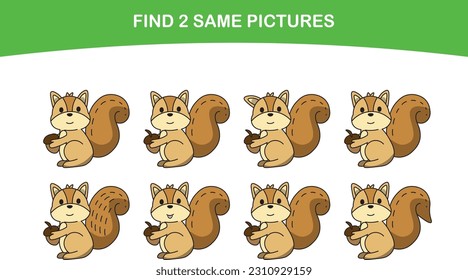 Funny cute squirrel. Find two same pictures. Educational game for children. Cartoon vector illustration