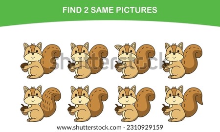 Funny cute squirrel. Find two same pictures. Educational game for children. Cartoon vector illustration