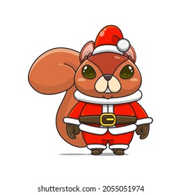 Funny and cute squirrel mascot, wearing santa claus costume, cartoon animal with sparkling brown eyes, front view. kawaii styles, flats, for christmas, for stickers. cartoon squirrel,