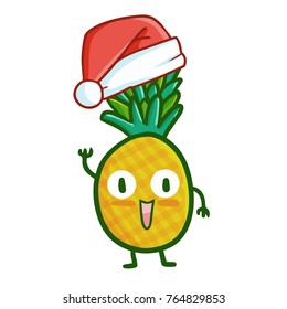 Funny and cute standing pienapple wearing Santa's hat for Christmas and smiling - vector.