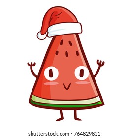 Funny and cute standing watermelon wearing Santa's hat for Christmas and smiling - vector.