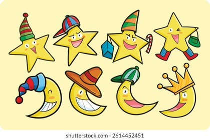 Funny and cute stars and moon cartoon illustration collection set	