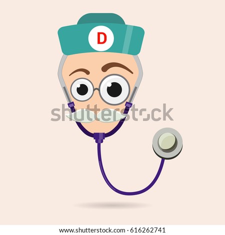 Funny and cute stethoscope illustration in flat or cartoon style with face, eye, mustaches and eye glasses wearing medecine hat
