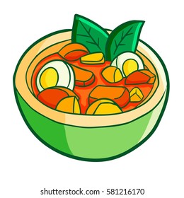 Funny and cute stew in coconut shell in cartoon style - vector.