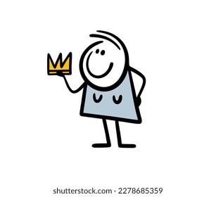 Funny cute stick gigure female character holds a golden crown. Vector illustration of  cartoon hand drawn queen.