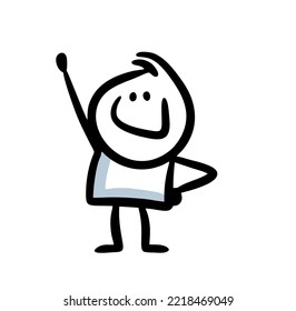 Funny cute stickman dancing disco  with happy face. Vector illustration of little kid with raised hand up.