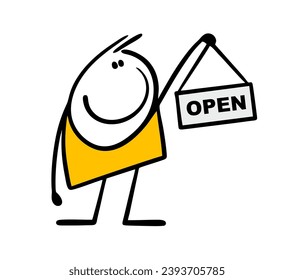 Funny cute stickman holds a sign with the inscription open in his hand. Vector illustration of doodle boy attracts attention, invites you to a cafe or shop. Isolated cartoon on white background.