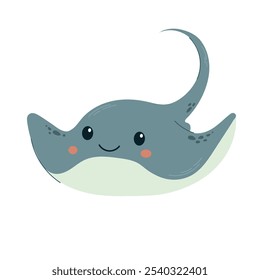 Funny cute Stingray illustration. Nice underwater ocean animal character. Vector illustration, flat. For children nursery,