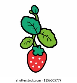 Funny and cute strawberry with leaves - vector.